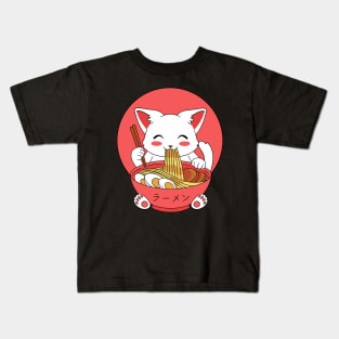 Kawaii Cat Eating Ramen Kids T-Shirt